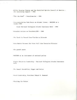 History of BACCHUS outline for 10th Year Anniversary, September 1990