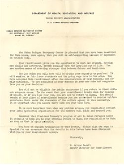 Cuban Relocation Center letter and Catholic Charities certification, 1962-1963